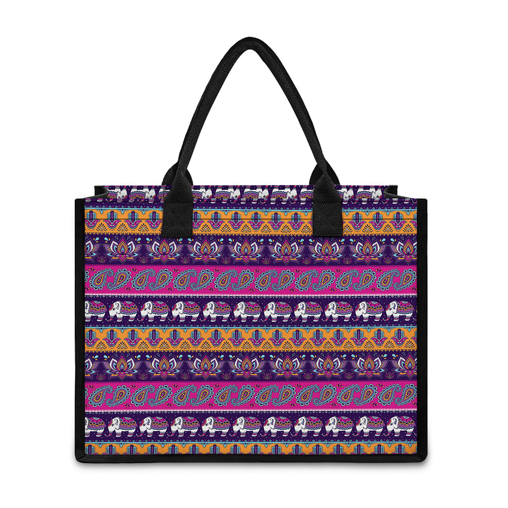 Paisley Elephant Hamsa Pattern Print Canvas Tote Bag