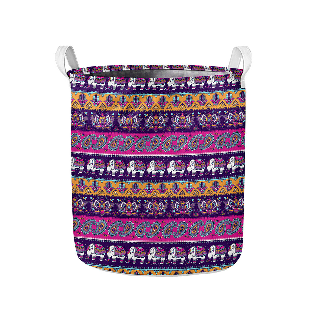 Paisley Elephant Hamsa Pattern Print Collapsible Laundry Basket