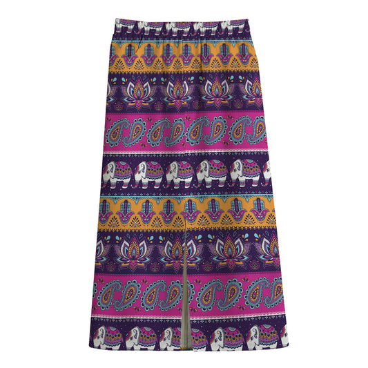 Paisley Elephant Hamsa Pattern Print Cotton Front Slit Maxi Skirt