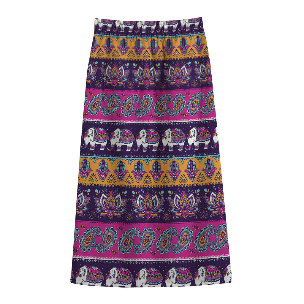 Paisley Elephant Hamsa Pattern Print Cotton Front Slit Maxi Skirt