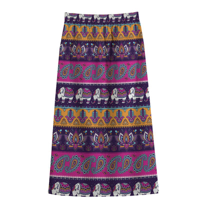 Paisley Elephant Hamsa Pattern Print Cotton Front Slit Maxi Skirt