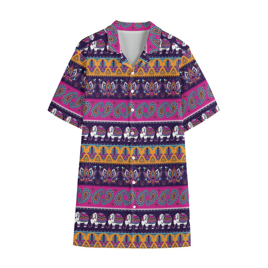 Paisley Elephant Hamsa Pattern Print Cotton Hawaiian Shirt