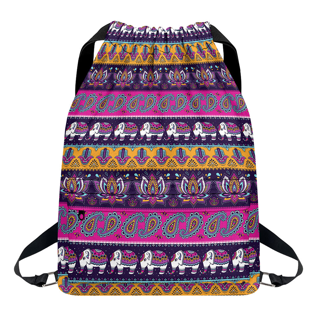 Paisley Elephant Hamsa Pattern Print Drawstring Backpack