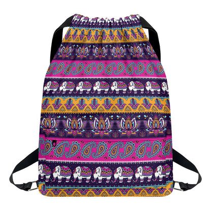 Paisley Elephant Hamsa Pattern Print Drawstring Backpack