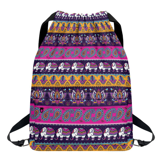 Paisley Elephant Hamsa Pattern Print Drawstring Backpack