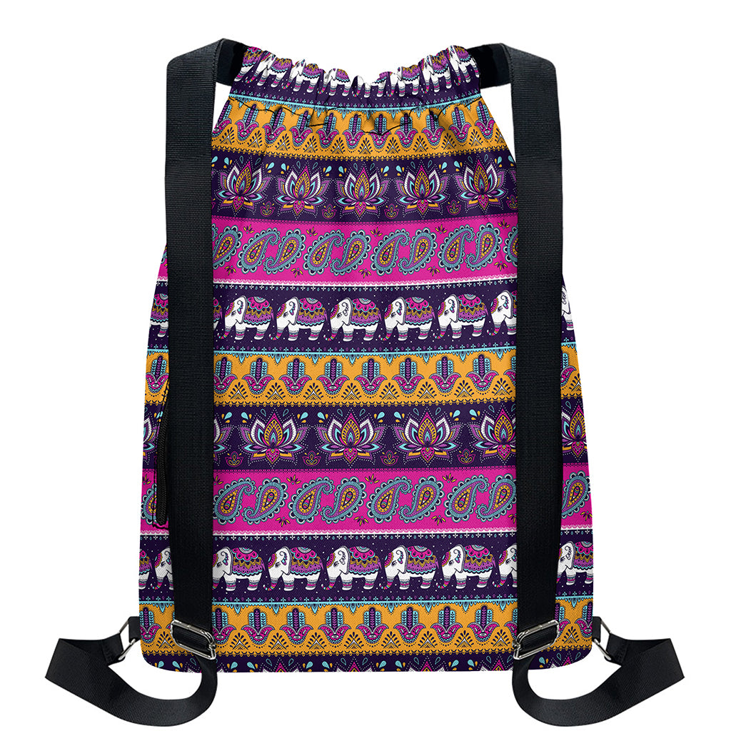 Paisley Elephant Hamsa Pattern Print Drawstring Backpack