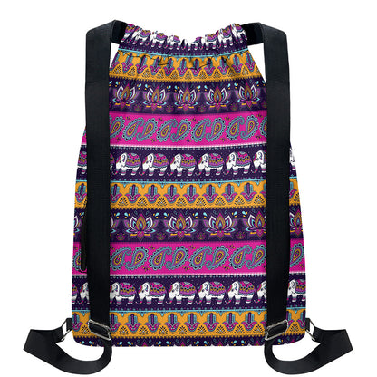 Paisley Elephant Hamsa Pattern Print Drawstring Backpack