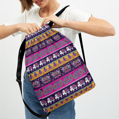 Paisley Elephant Hamsa Pattern Print Drawstring Backpack