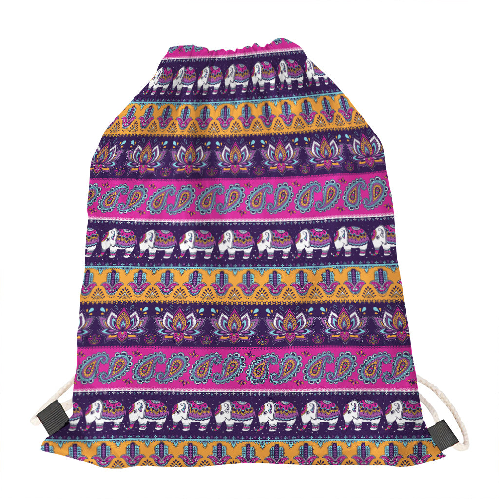 Paisley Elephant Hamsa Pattern Print Drawstring Bag