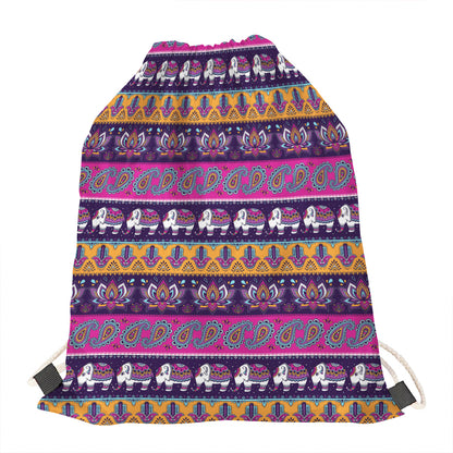 Paisley Elephant Hamsa Pattern Print Drawstring Bag
