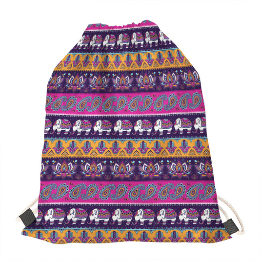 Paisley Elephant Hamsa Pattern Print Drawstring Bag