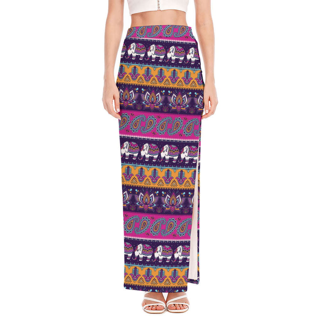 Paisley Elephant Hamsa Pattern Print High Slit Maxi Skirt