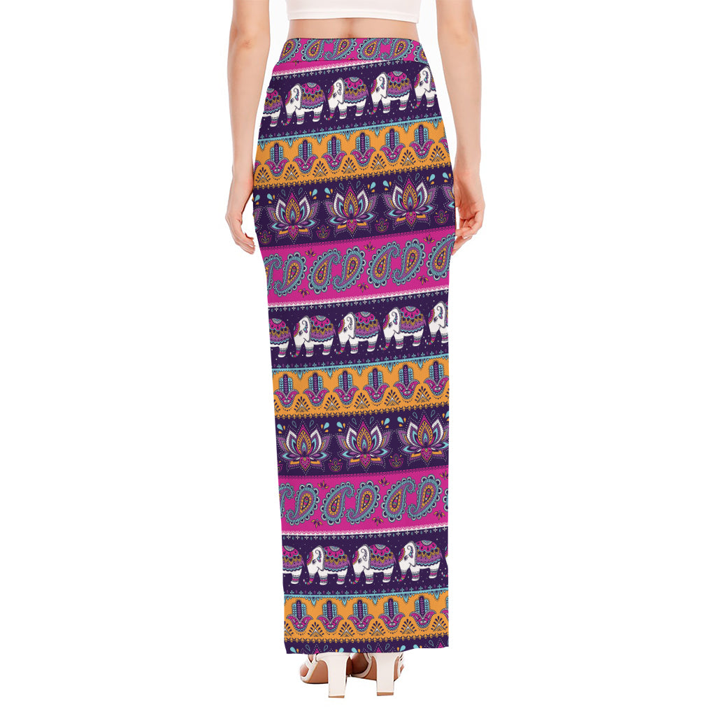 Paisley Elephant Hamsa Pattern Print High Slit Maxi Skirt