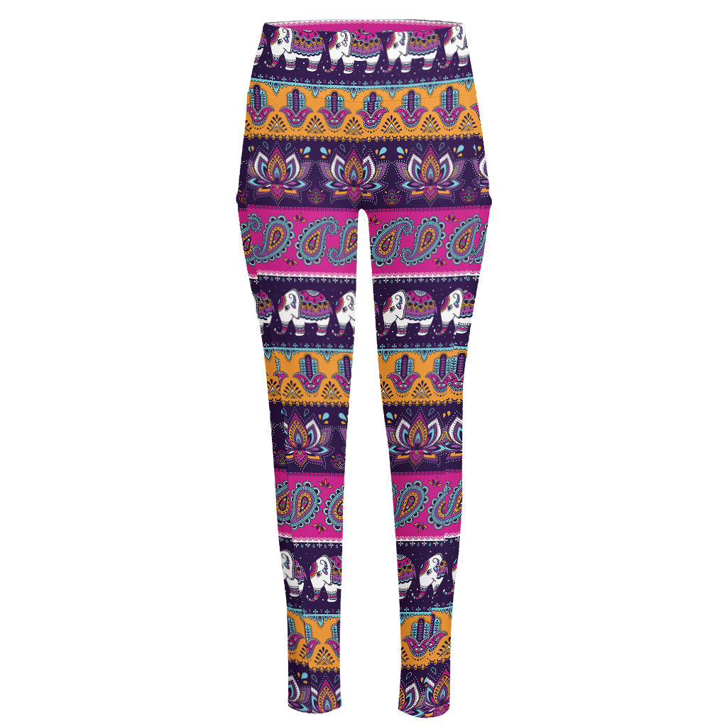 Paisley Elephant Hamsa Pattern Print High-Waisted Pocket Leggings