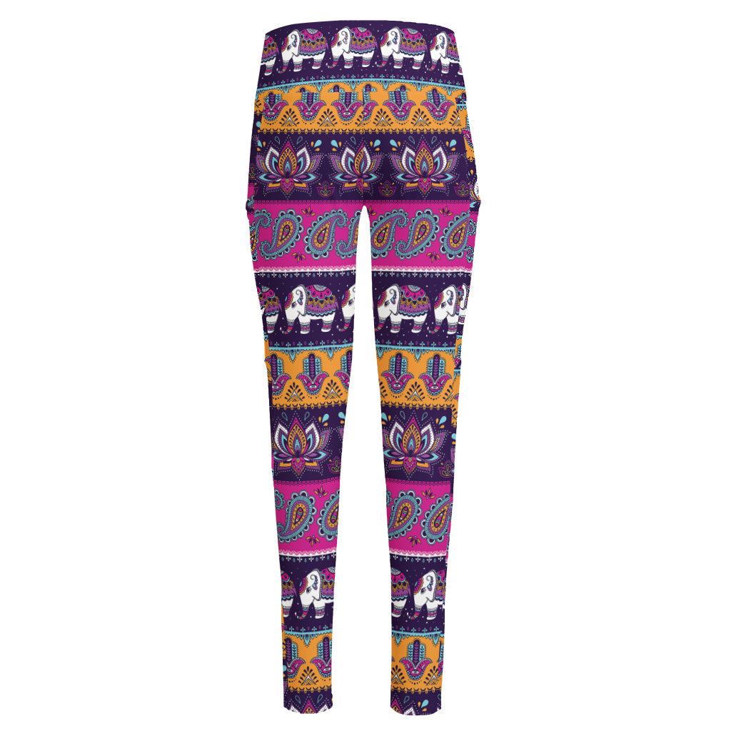 Paisley Elephant Hamsa Pattern Print High-Waisted Pocket Leggings