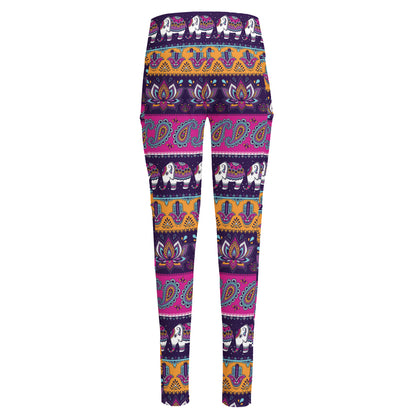 Paisley Elephant Hamsa Pattern Print High-Waisted Pocket Leggings