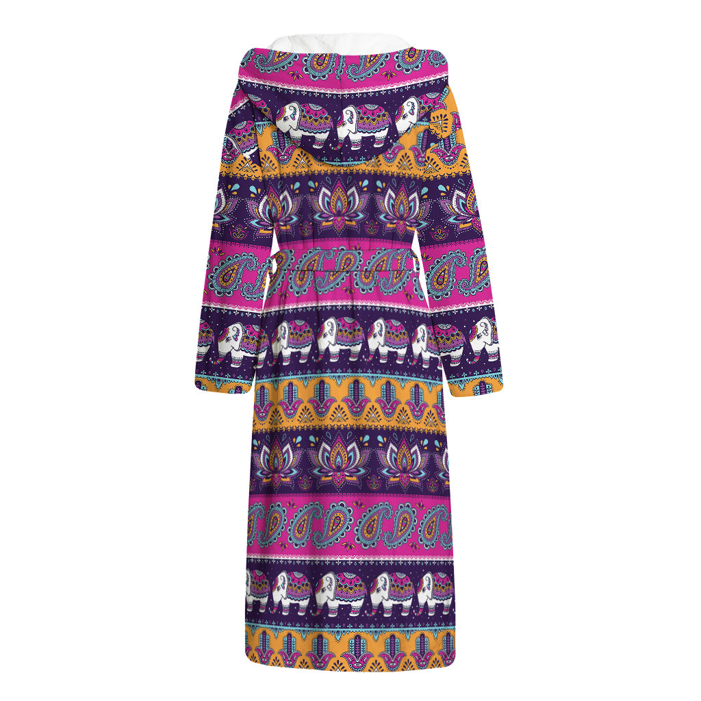 Paisley Elephant Hamsa Pattern Print Hooded Bathrobe