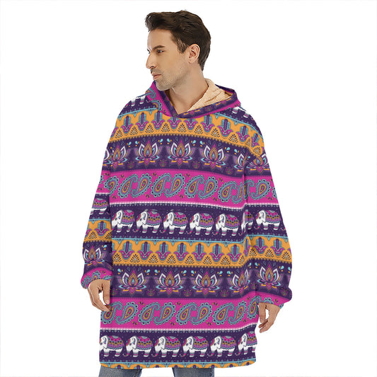 Paisley Elephant Hamsa Pattern Print Hoodie Blanket