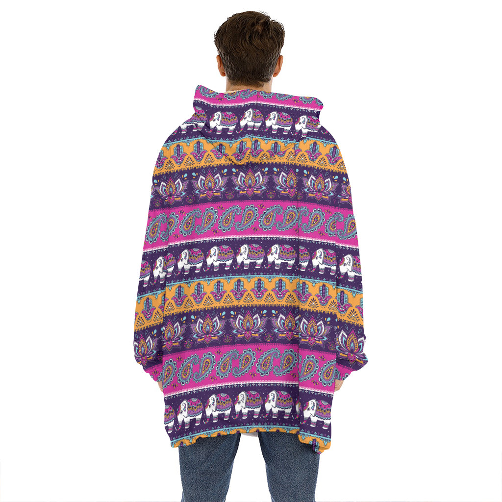 Paisley Elephant Hamsa Pattern Print Hoodie Blanket