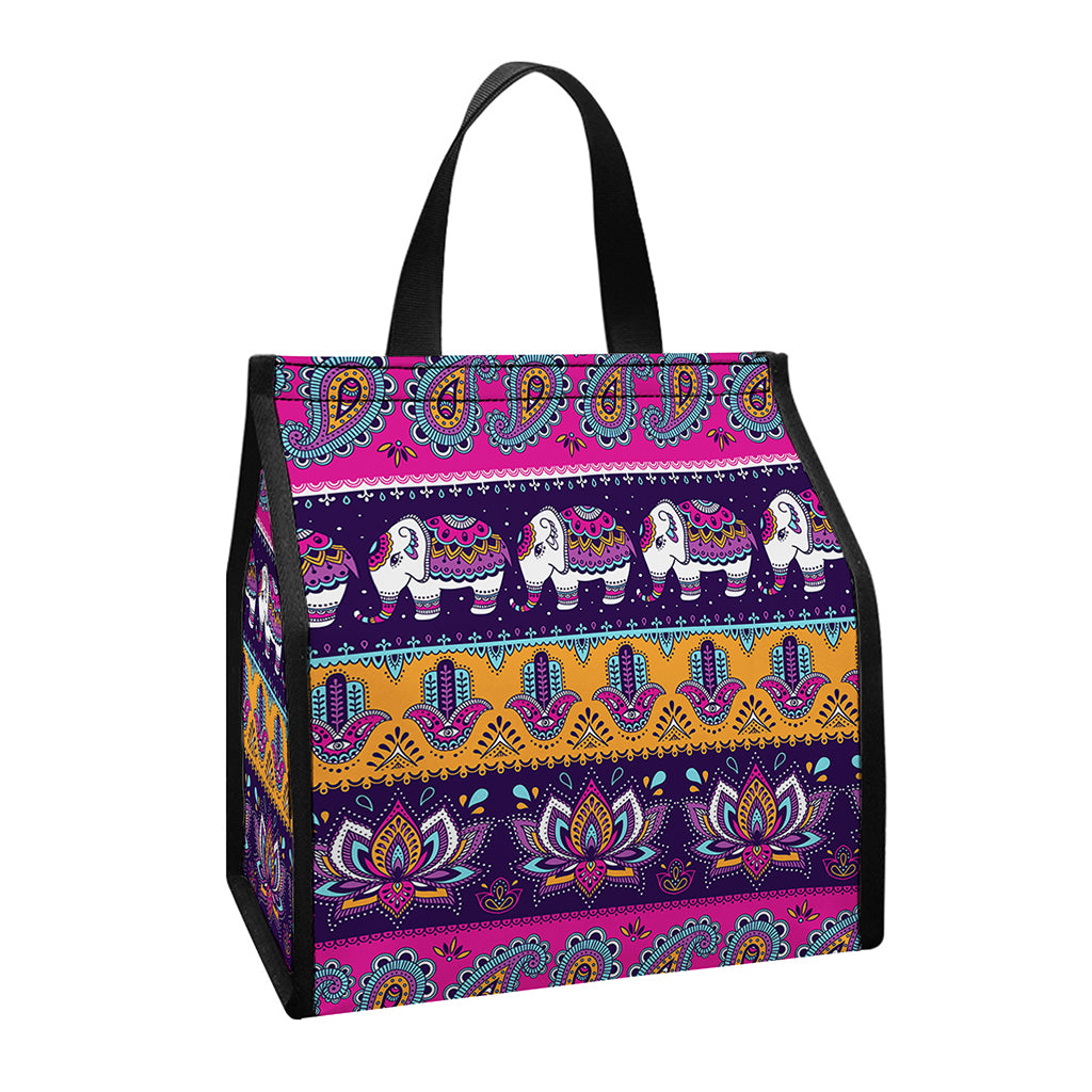 Paisley Elephant Hamsa Pattern Print Insulated Lunch Tote
