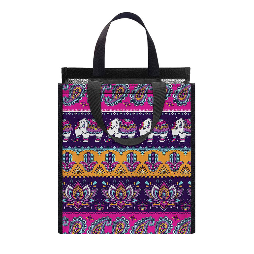 Paisley Elephant Hamsa Pattern Print Insulated Lunch Tote