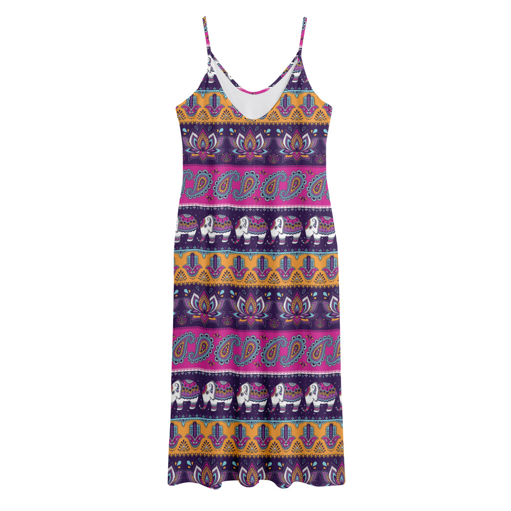 Paisley Elephant Hamsa Pattern Print Jersey Midi Cami Dress