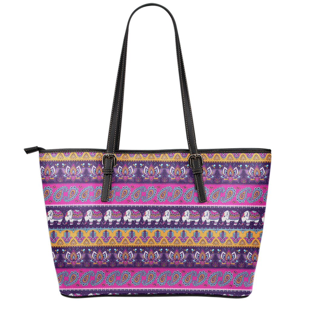 Paisley Elephant Hamsa Pattern Print Leather Tote Bag