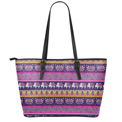 Paisley Elephant Hamsa Pattern Print Leather Tote Bag