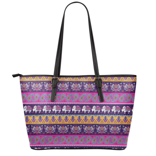 Paisley Elephant Hamsa Pattern Print Leather Tote Bag
