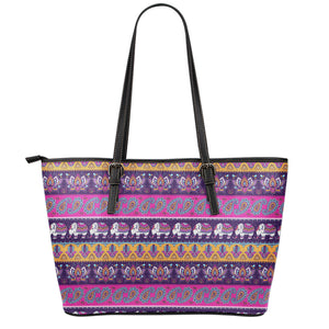 Paisley Elephant Hamsa Pattern Print Leather Tote Bag