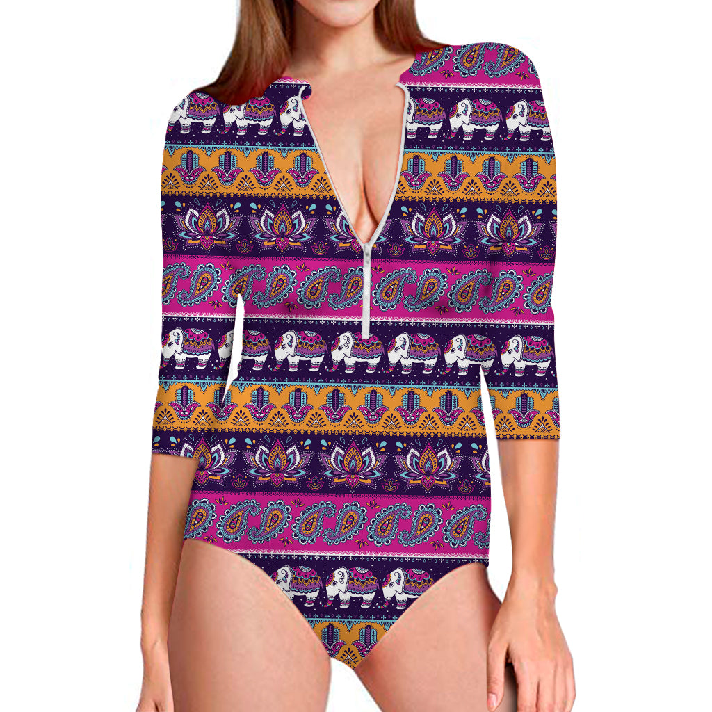 Paisley Elephant Hamsa Pattern Print Long Sleeve Swimsuit