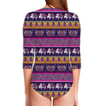 Paisley Elephant Hamsa Pattern Print Long Sleeve Swimsuit