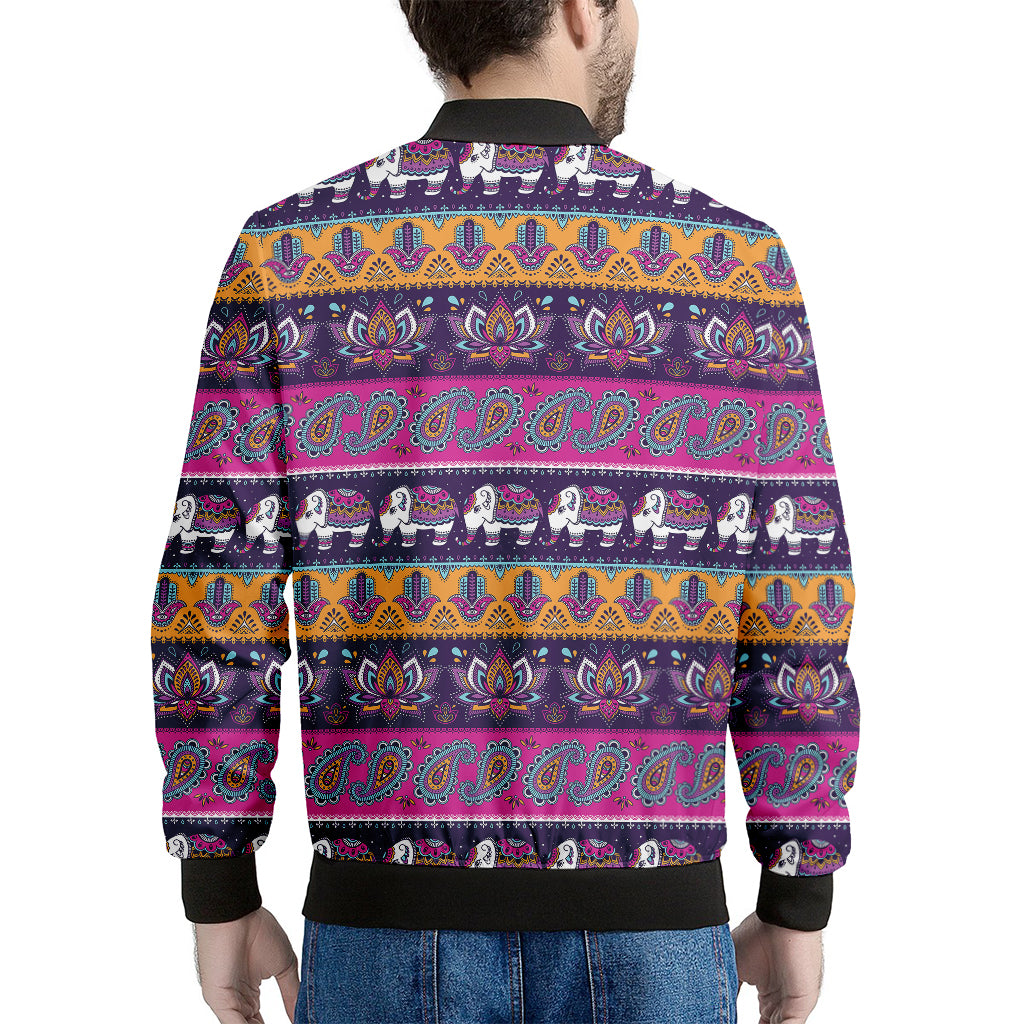 Paisley Elephant Hamsa Pattern Print Men's Bomber Jacket