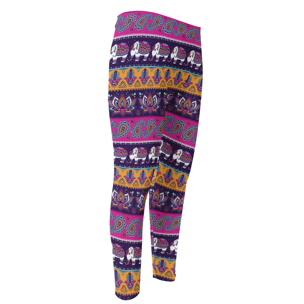 Paisley Elephant Hamsa Pattern Print Men's Compression Pants