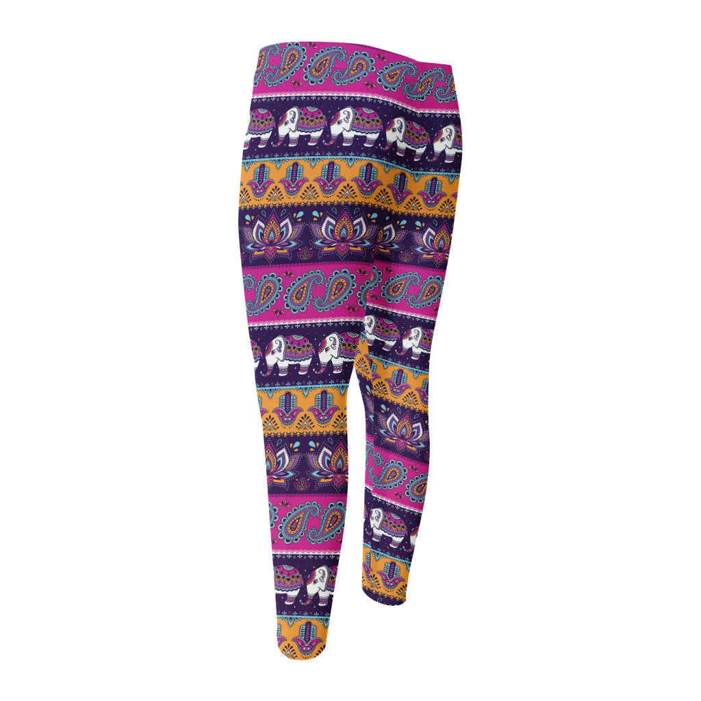 Paisley Elephant Hamsa Pattern Print Men's Compression Pants