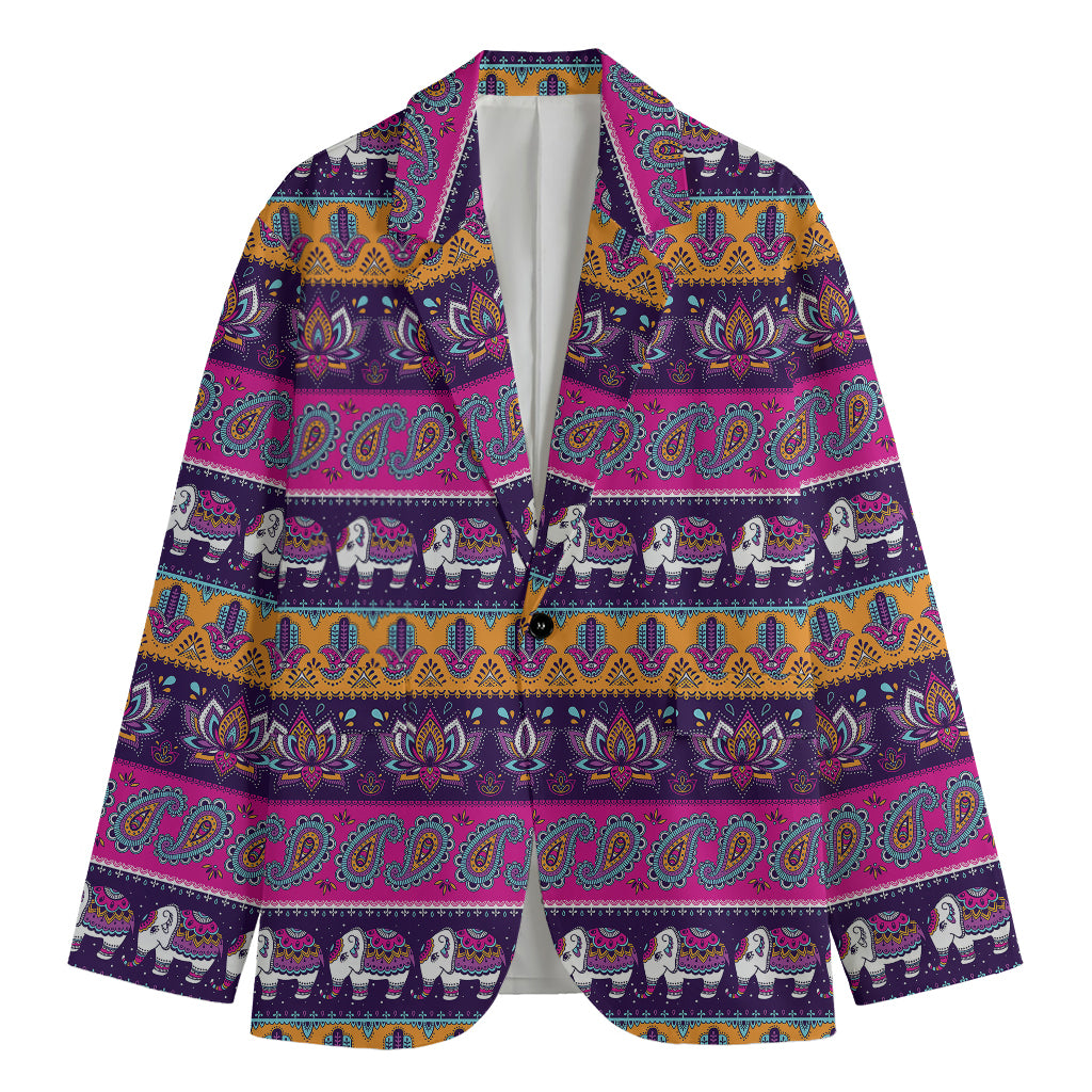 Paisley Elephant Hamsa Pattern Print Men's Cotton Blazer