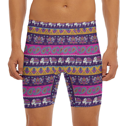 Paisley Elephant Hamsa Pattern Print Men's Long Boxer Briefs