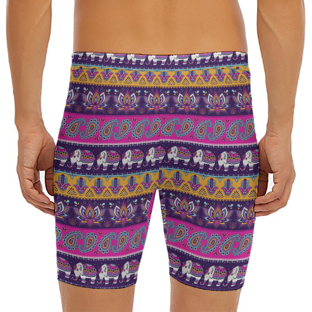 Paisley Elephant Hamsa Pattern Print Men's Long Boxer Briefs
