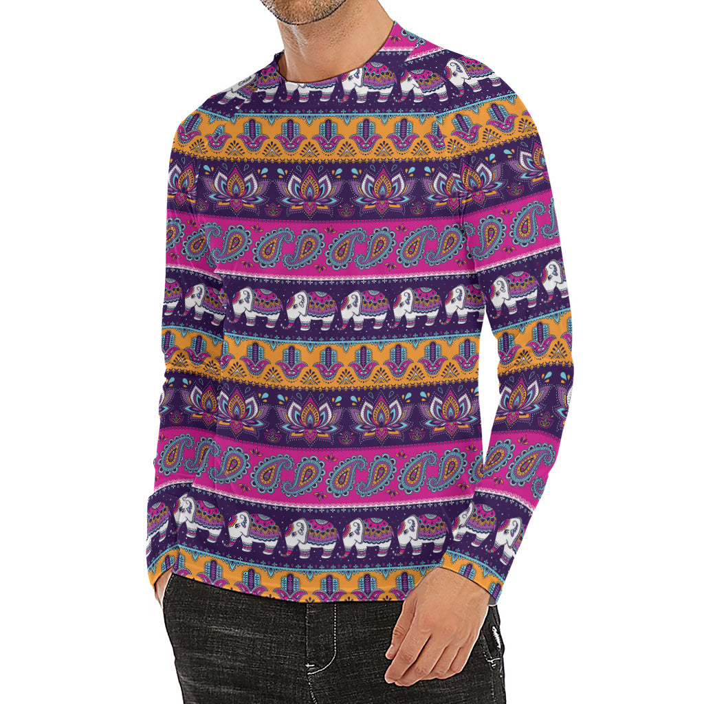 Paisley Elephant Hamsa Pattern Print Men's Long Sleeve Rash Guard