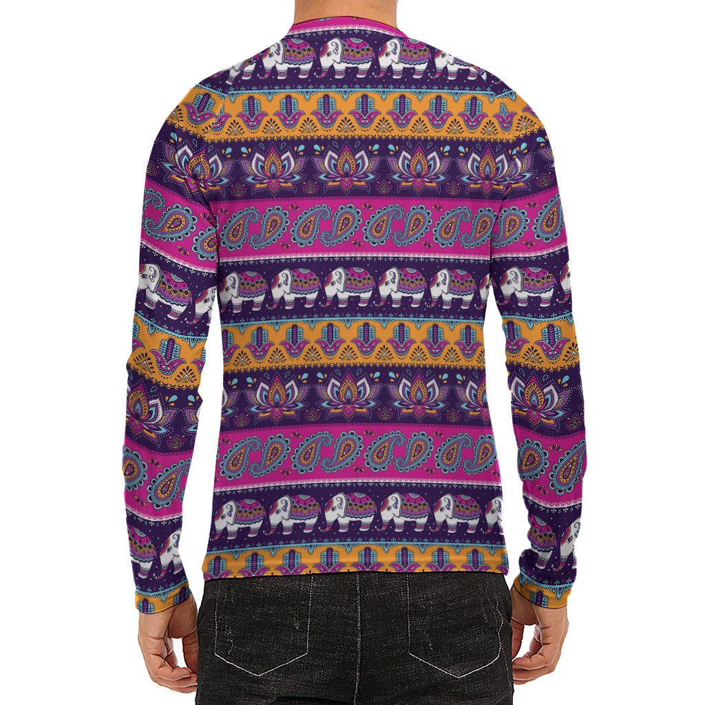 Paisley Elephant Hamsa Pattern Print Men's Long Sleeve Rash Guard