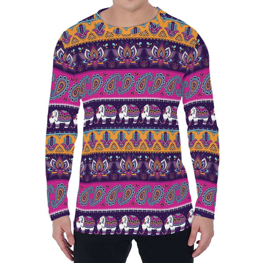 Paisley Elephant Hamsa Pattern Print Men's Long Sleeve T-Shirt