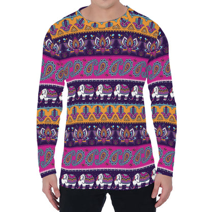 Paisley Elephant Hamsa Pattern Print Men's Long Sleeve T-Shirt