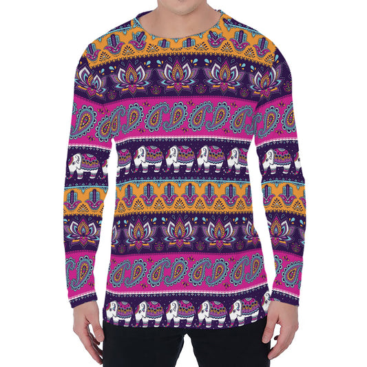 Paisley Elephant Hamsa Pattern Print Men's Long Sleeve T-Shirt