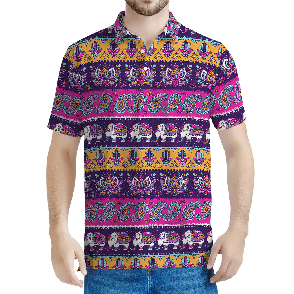Paisley Elephant Hamsa Pattern Print Men's Polo Shirt