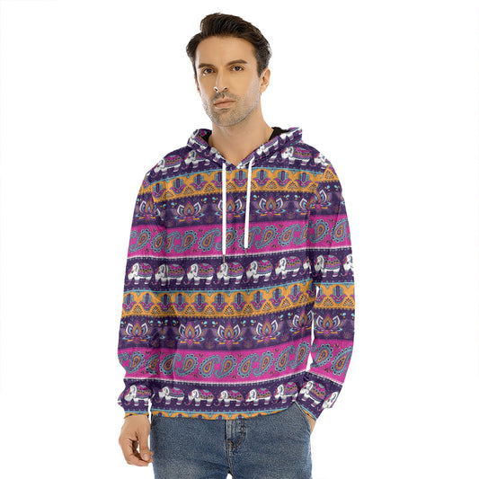 Paisley Elephant Hamsa Pattern Print Men's Velvet Pullover Hoodie