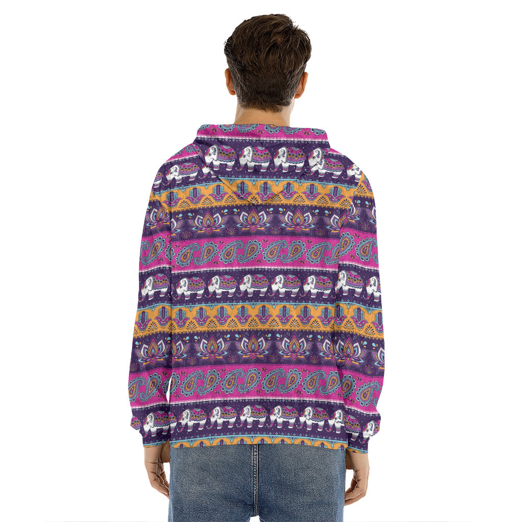 Paisley Elephant Hamsa Pattern Print Men's Velvet Pullover Hoodie