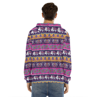 Paisley Elephant Hamsa Pattern Print Men's Velvet Pullover Hoodie