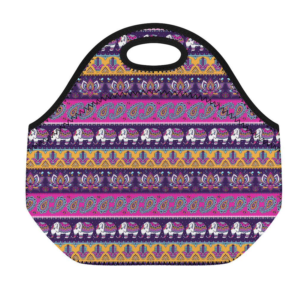 Paisley Elephant Hamsa Pattern Print Neoprene Lunch Bag