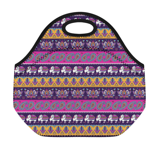 Paisley Elephant Hamsa Pattern Print Neoprene Lunch Bag