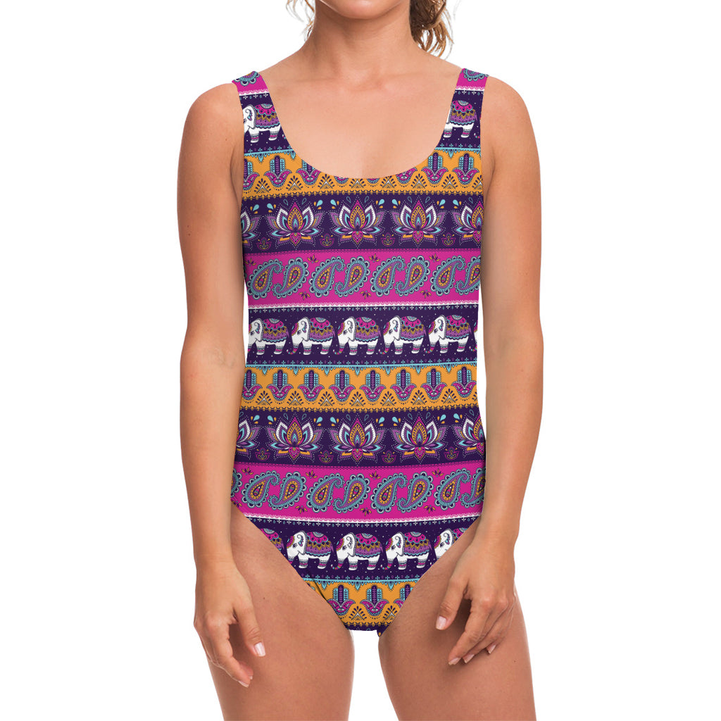 Paisley Elephant Hamsa Pattern Print One Piece Swimsuit